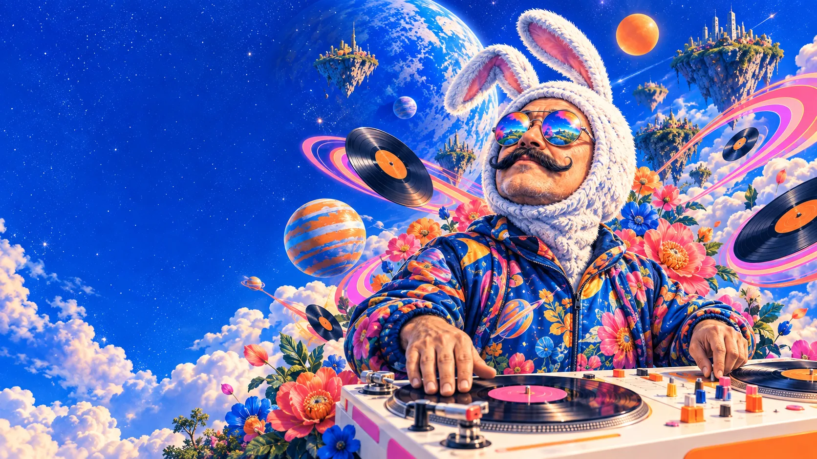 惑星とレコードが浮かぶ宇宙でDJをするうさぎ男